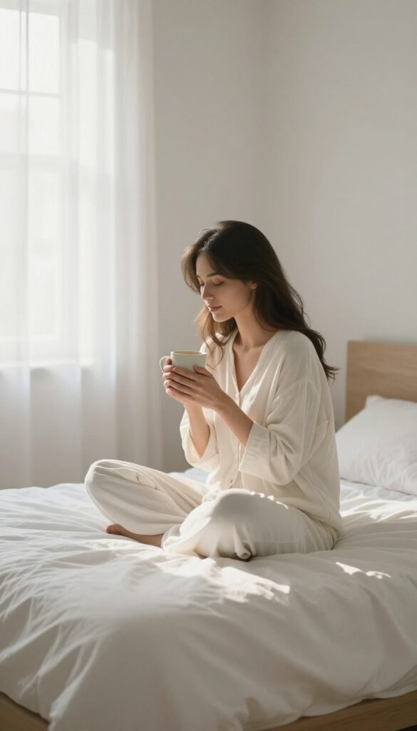 Woman holding a warm mug in bed during a slow morning routine