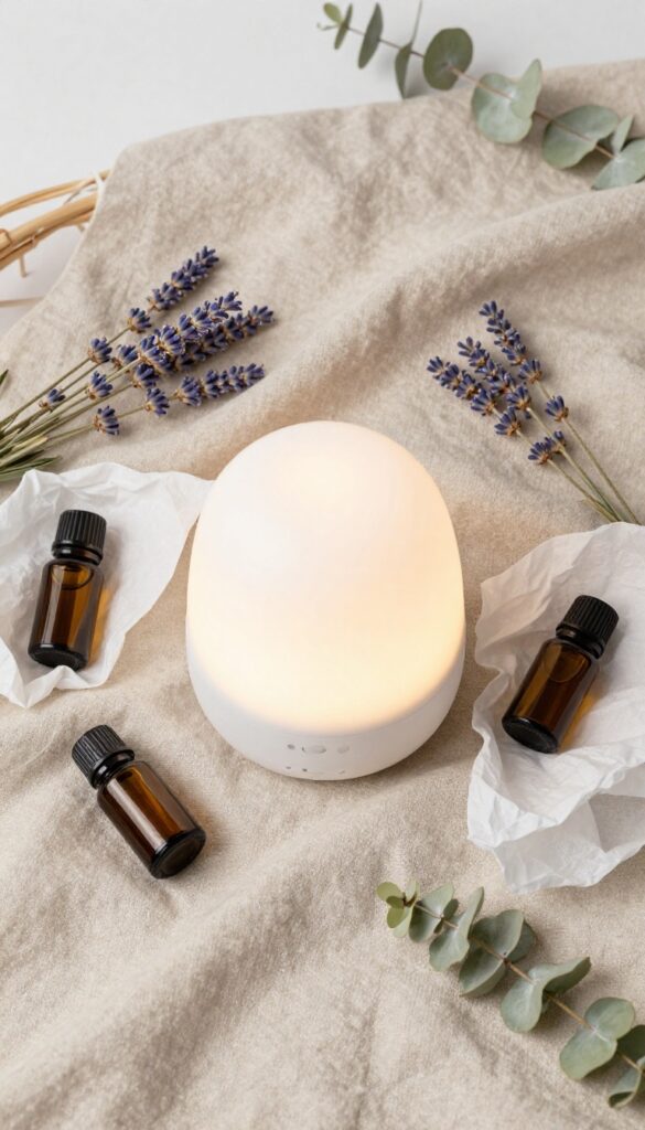 Self-care basket with essential oil diffuser and calming oils