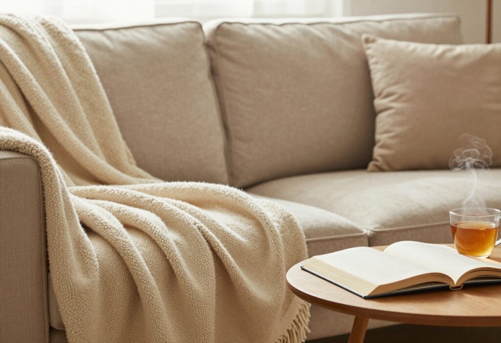 Cozy living room with blanket, tea, and book for a relaxing day at home