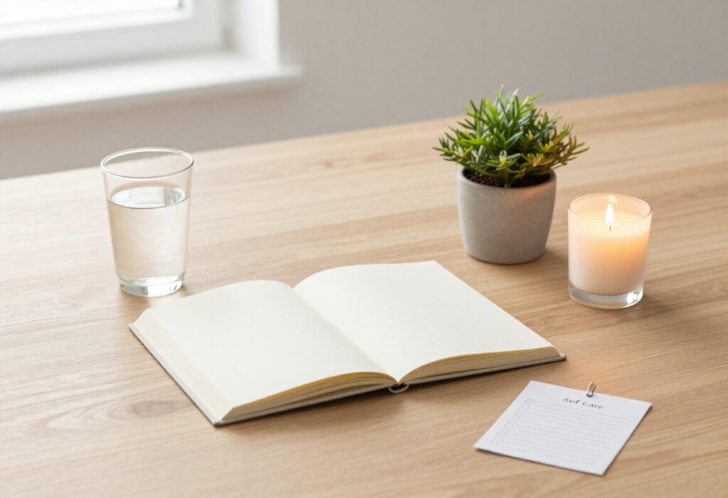 Flat lay of self-care items including a journal, water glass, plant, candle, and checklist on a wooden table