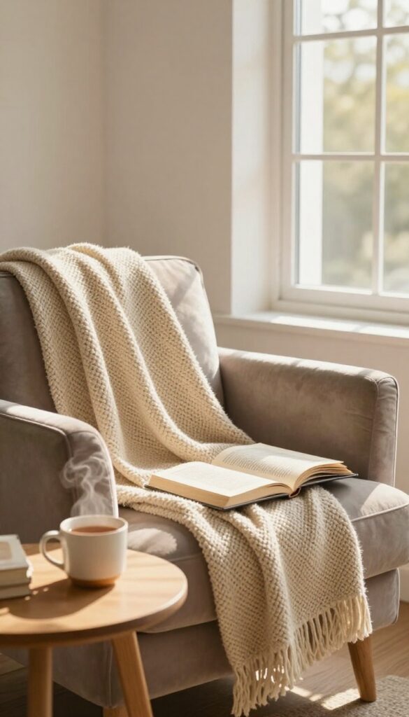 Cozy reading nook with an open book and tea in warm sunlight