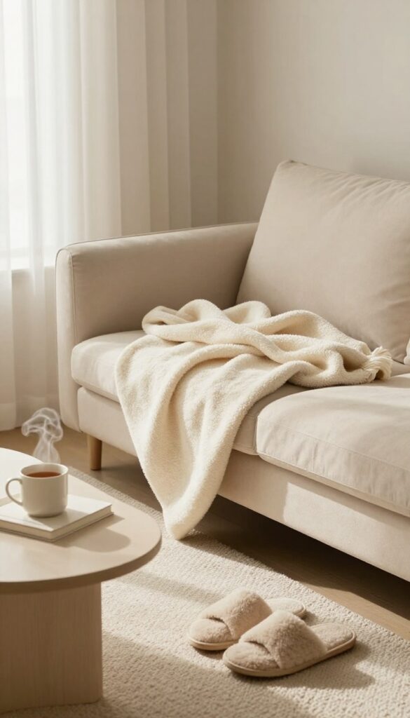 Cozy living room with a soft throw blanket and slippers, creating a relaxing retreat atmosphere.
