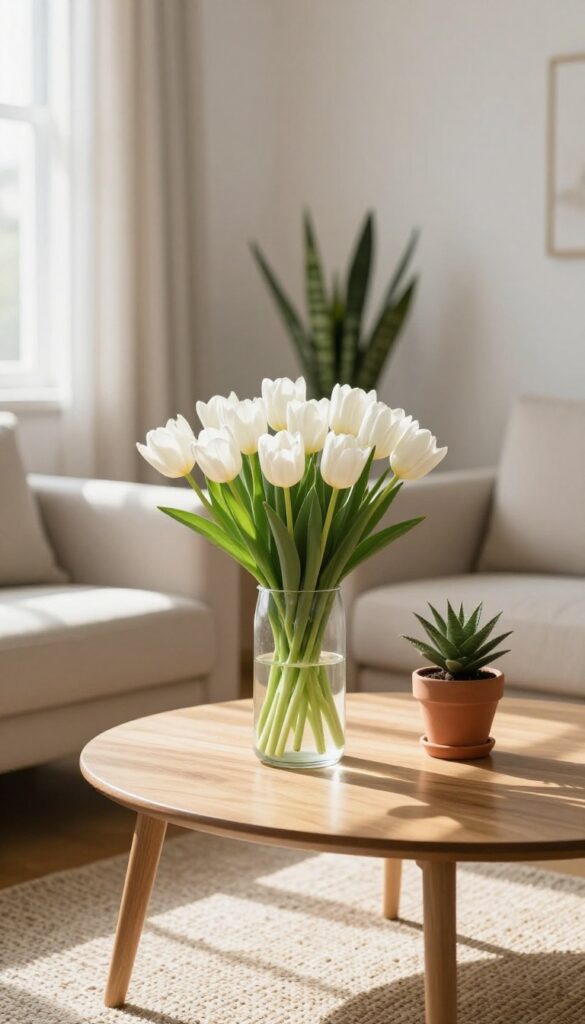 Fresh flowers and a snake plant on a coffee table in a bright living room
