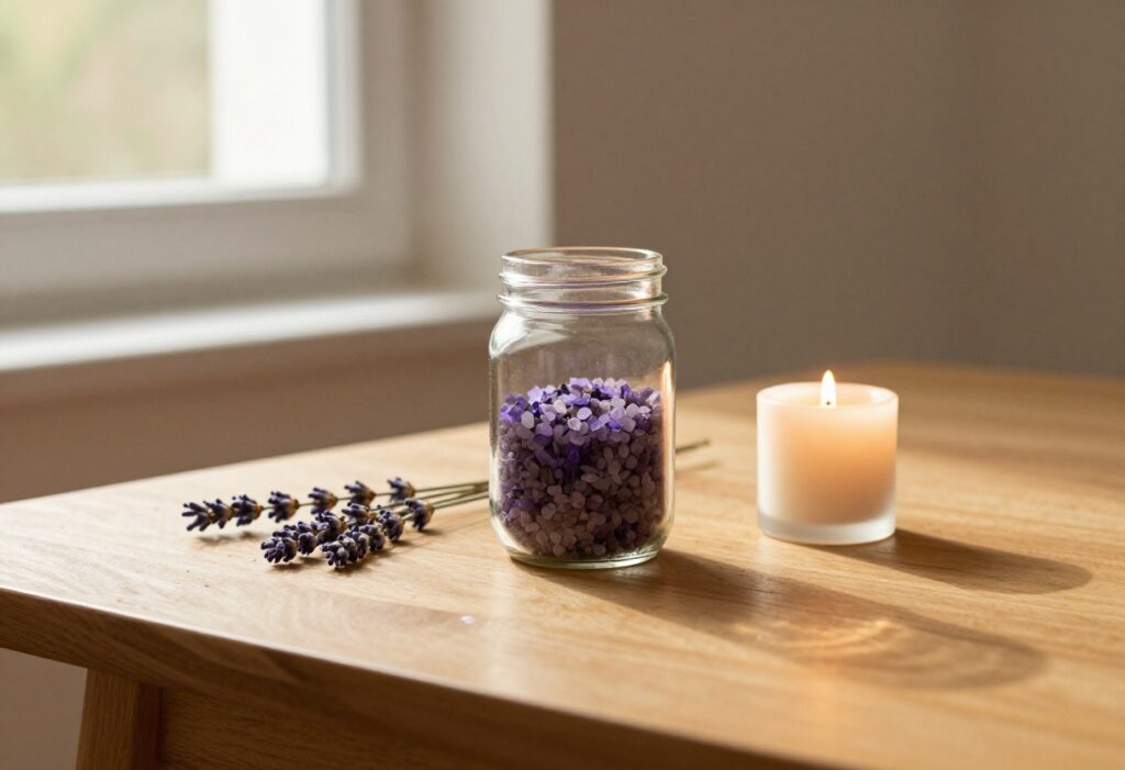 Cozy DIY self care supplies on a wooden table with bath salts and lavender