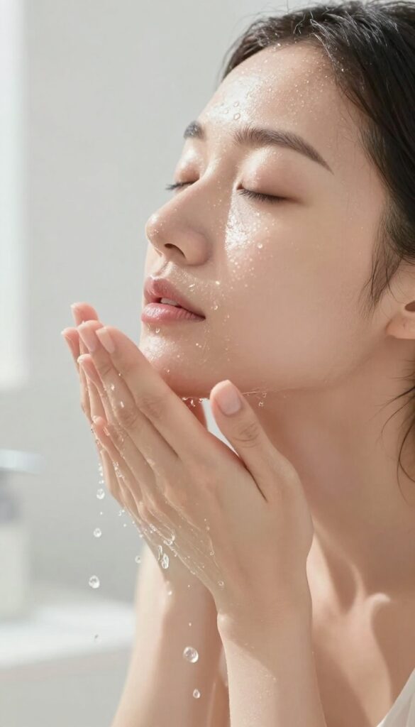 Woman splashing cold water on her face in a sunlit bathroom