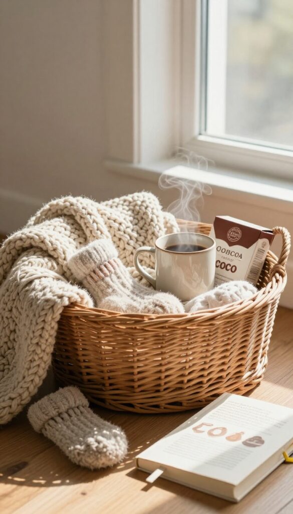 Cozy comfort basket with blanket, socks, mug, hot cocoa, and book