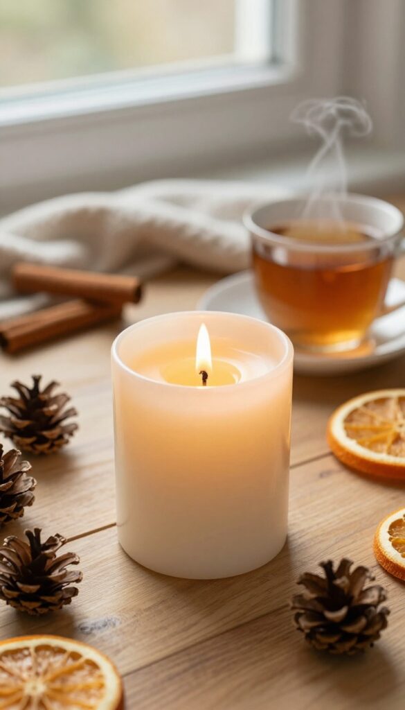 A lit candle with pinecones and cinnamon sticks in a cozy autumn setting