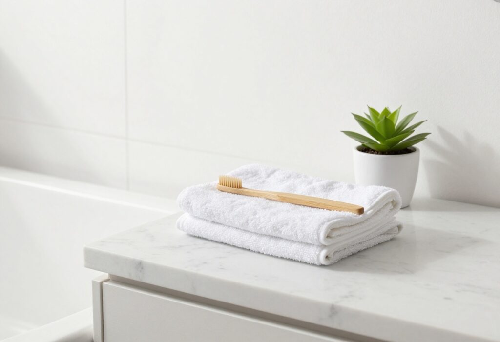 A clean bathroom counter with a folded white towel, bamboo toothbrush, and small plant in natural light