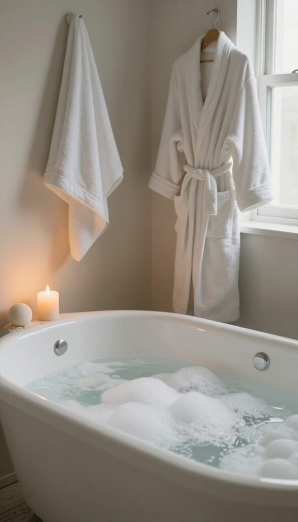 A warm bath with candlelight and bath products, creating a relaxing spa-like atmosphere.