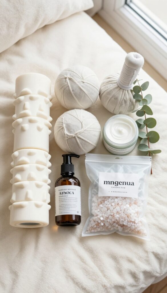 Muscle relief gift basket with foam roller, massage balls, arnica cream, magnesium lotion, Epsom salts, and ice pack on a cream blanket.