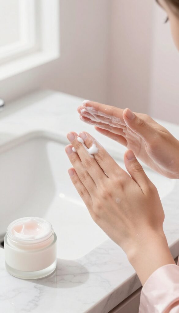 A serene skincare ritual with hands massaging creamy cleanser on face, marble countertop, soft natural light, rose-scented balm and silk robe nearby.