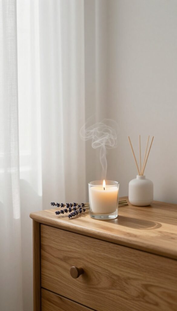 A cozy bedroom setup with a lit candle and essential oil diffuser on a dresser, evoking relaxation and self-care.