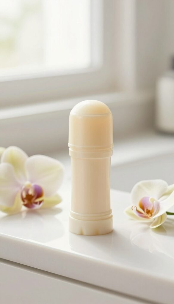 Natural vanilla and musk deodorant on a bathroom counter with vanilla orchid
