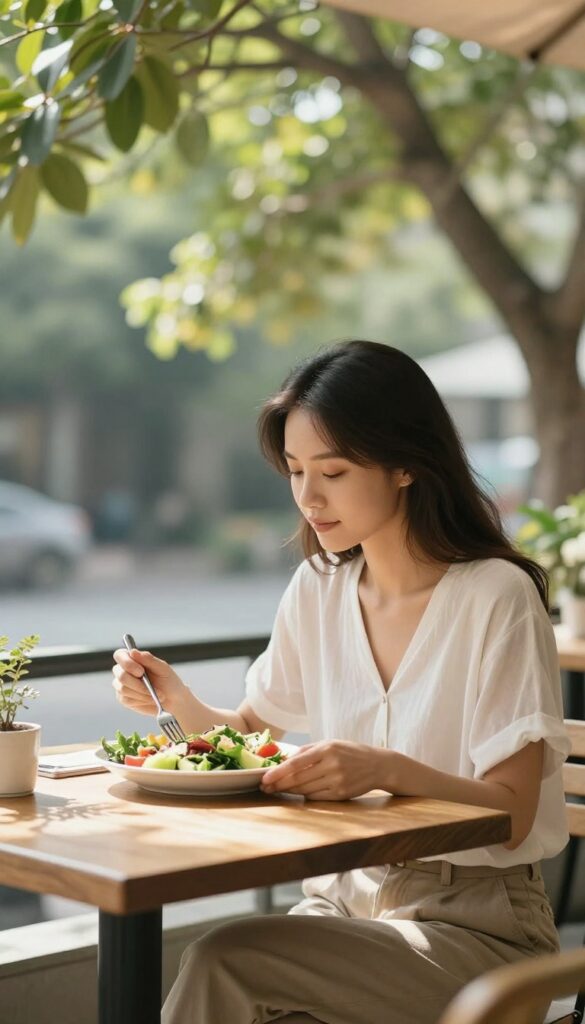 Woman eating lunch alone at an outdoor cafe table, no electronics, natural light, peaceful self-care moment.