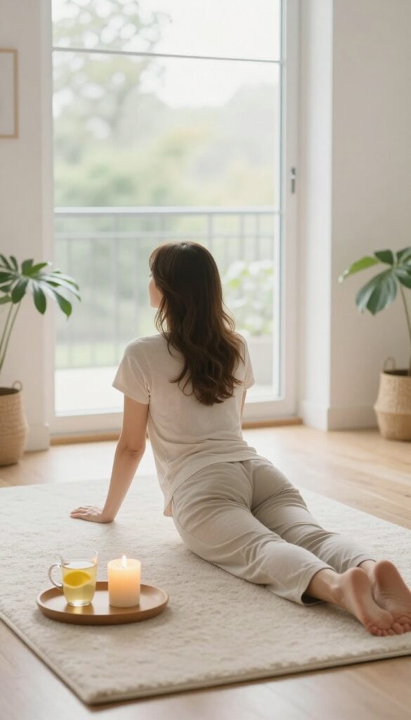 Woman gently stretching in a bright, serene room with candle and warm lemon water nearby