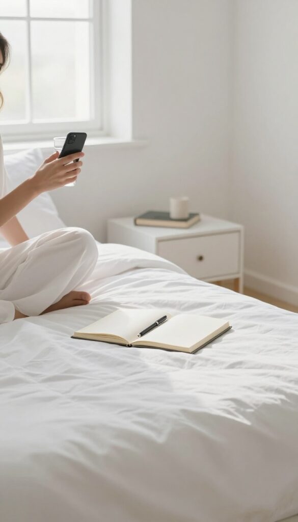 Person sitting on bed in the morning, holding water, phone across the room, natural light, serene atmosphere