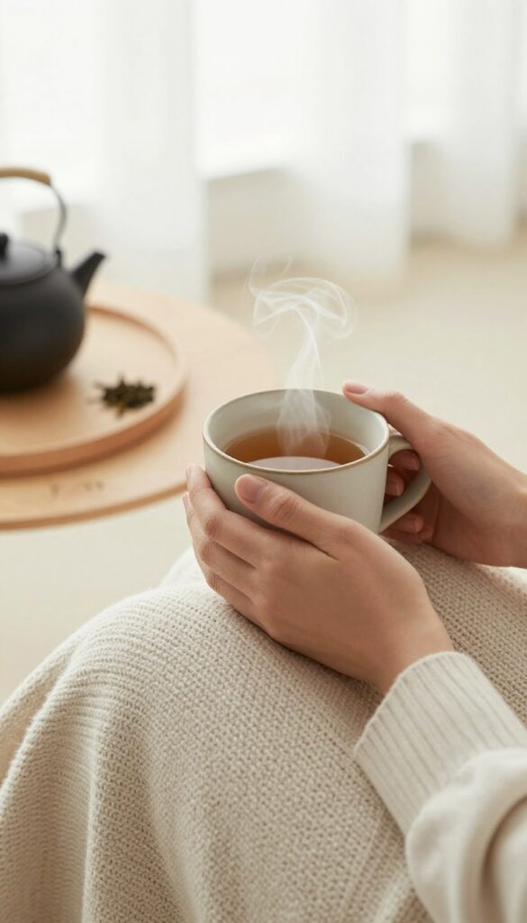 Woman holding a warm mug of tea during a morning ritual, cozy self-care scene