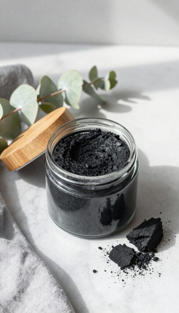 Charcoal body scrub in a glass jar with eucalyptus and washcloth on marble surface
