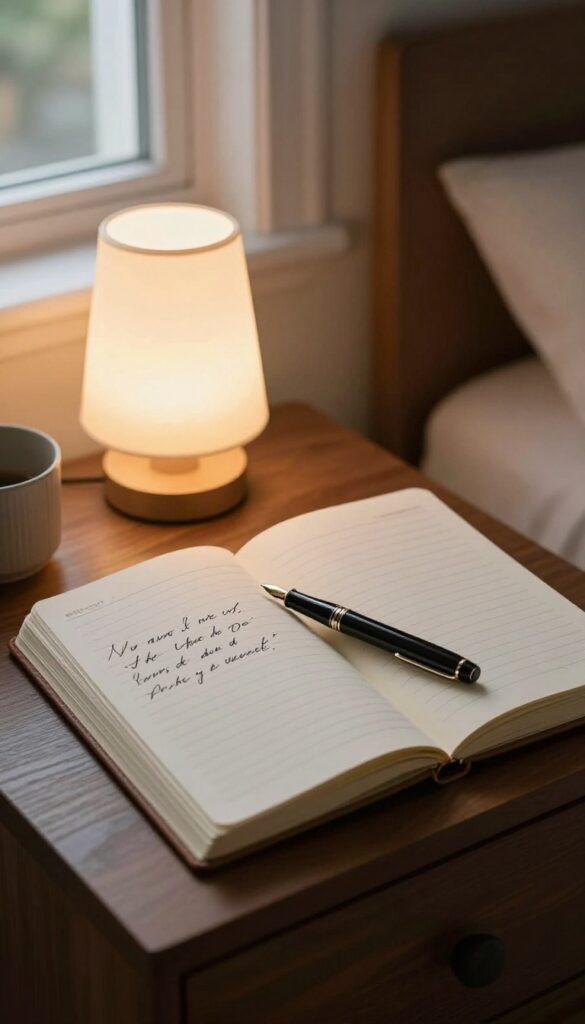 A cozy bedroom nightstand with an open journal and fountain pen, illuminated by warm lamp light.