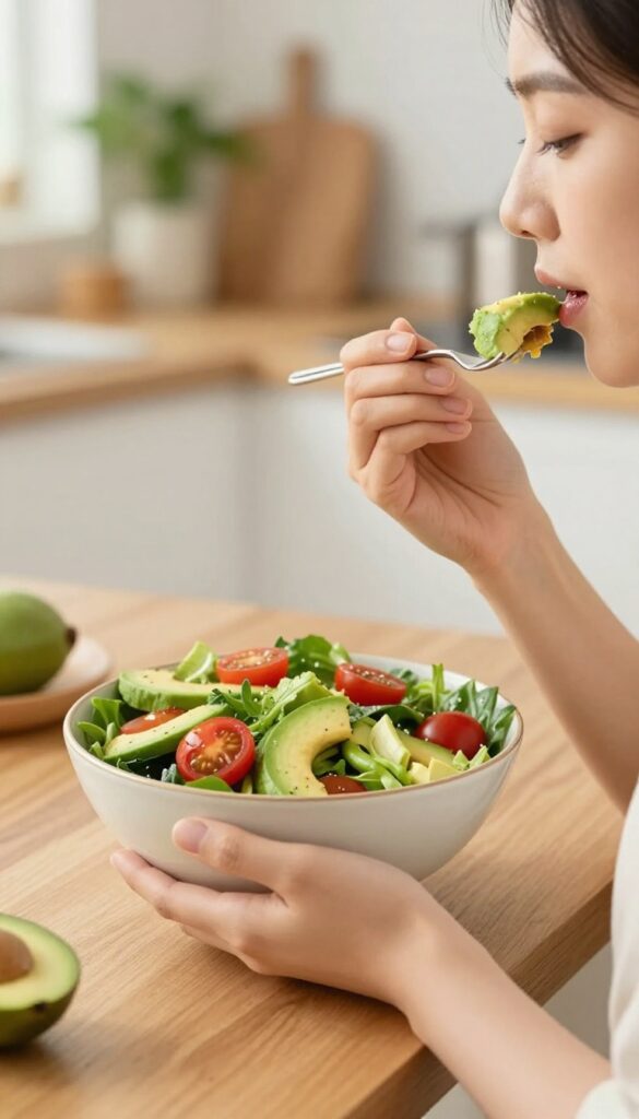 Woman eating a colorful salad mindfully at a wooden table in natural light
