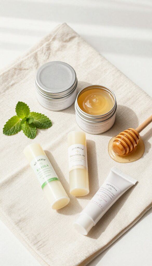 A flat lay of natural lip balms in honey, mint, and vanilla flavors on a linen napkin with mint sprig and honey dipper.