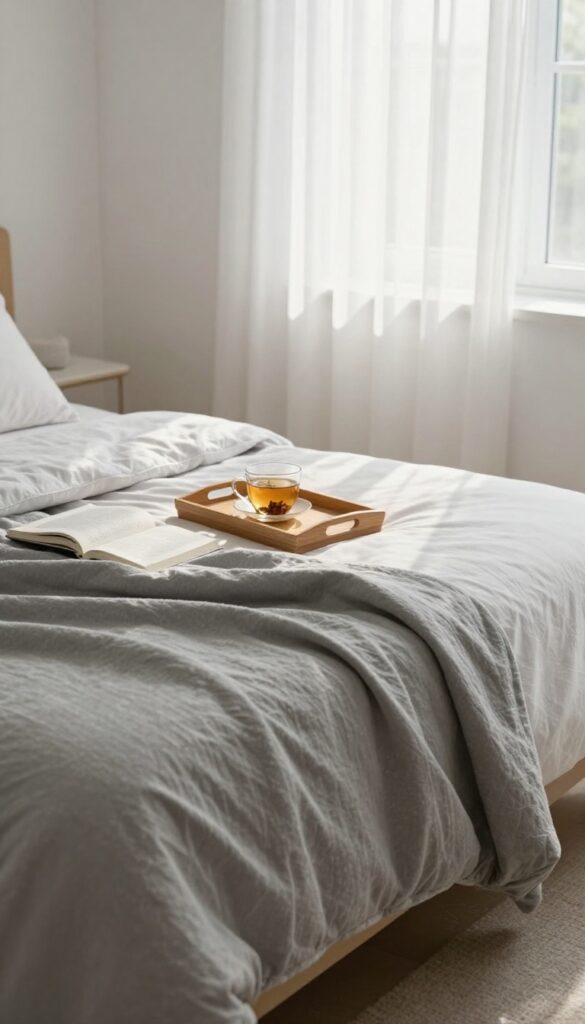 A weighted blanket on a bed in a peaceful bedroom with soft natural light