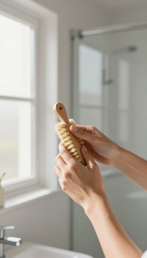 Woman dry brushing her arm with a natural-bristle brush in a bright bathroom