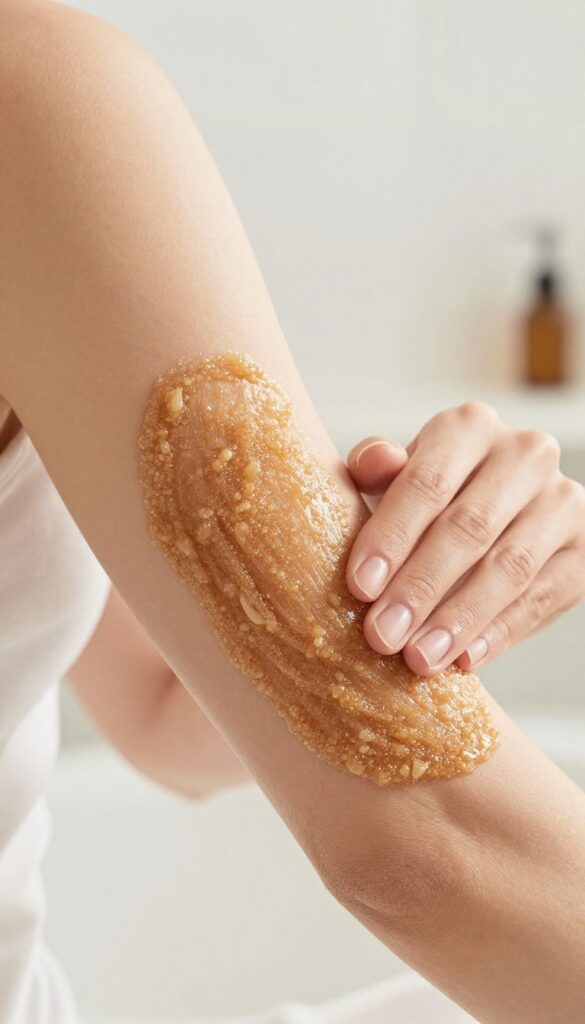 Woman exfoliating elbow with brown sugar body scrub in bright bathroom