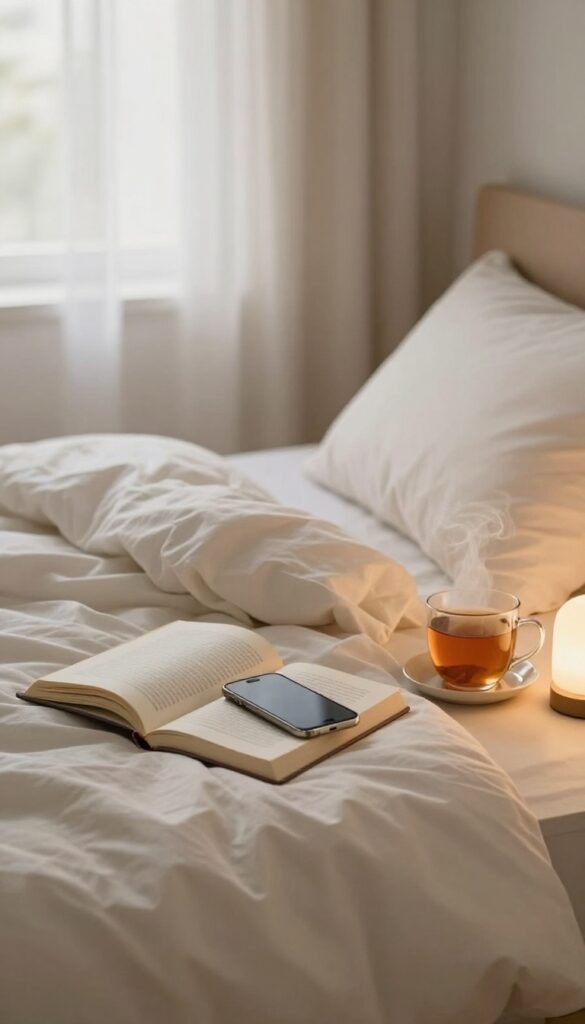 Cozy bedroom with a smartphone face down, a book, and tea on a nightstand, soft lamp light, calm atmosphere.
