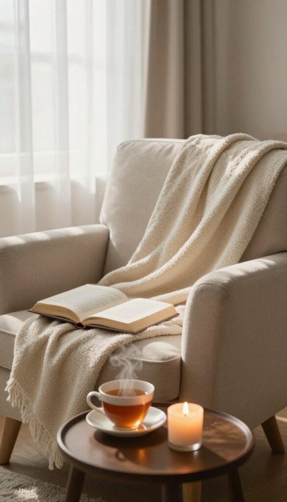 Cozy reading nook with armchair, tea, book, and candle in warm sunlight