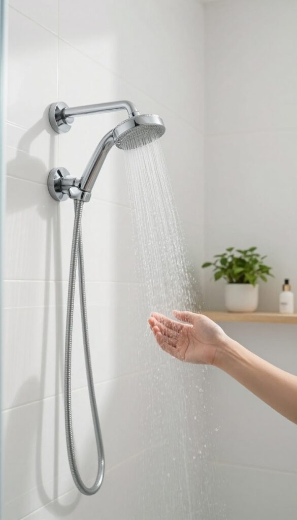 Person adjusting shower temperature with lukewarm water in a bright, clean bathroom