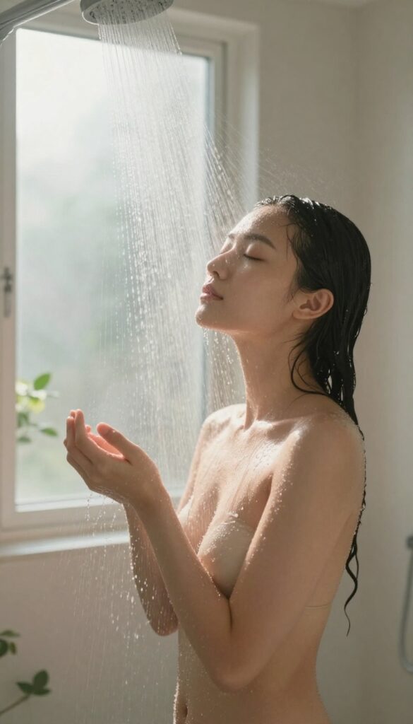 Person practicing deep breathing in a warm, steamy shower with soft natural light