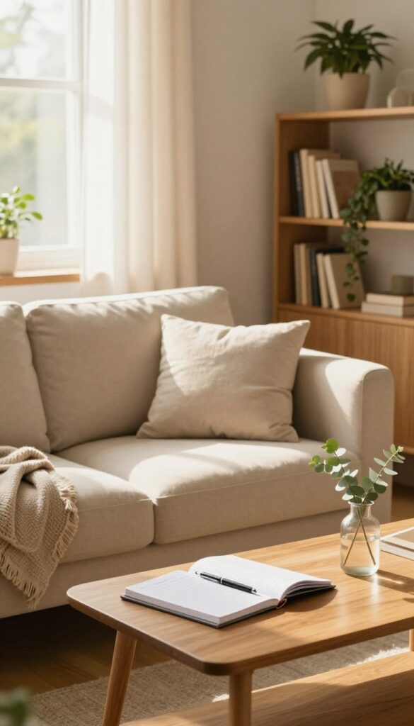 A cozy Sunday evening reset ritual setup with a planner, pen, eucalyptus, and soft lighting in a tidy living room.