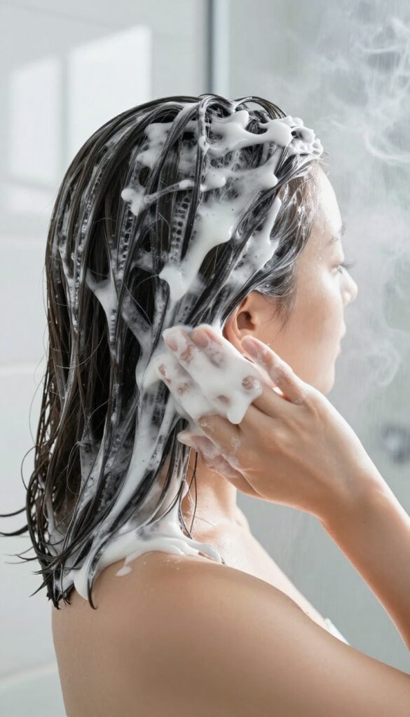 Woman applying hair mask in steamy shower with natural light