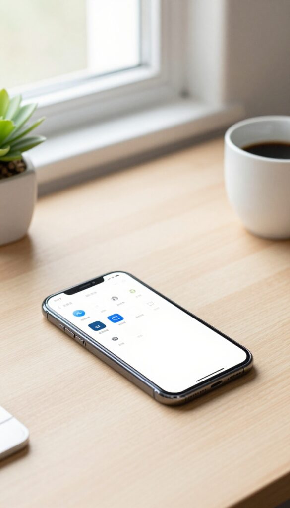 Minimalist desk with smartphone showing organized home screen, plant, and coffee in natural light