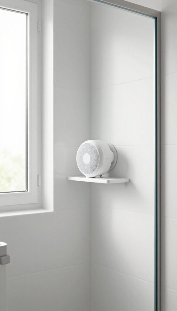 Waterproof shower speaker attached to tile wall in a bright, clean bathroom