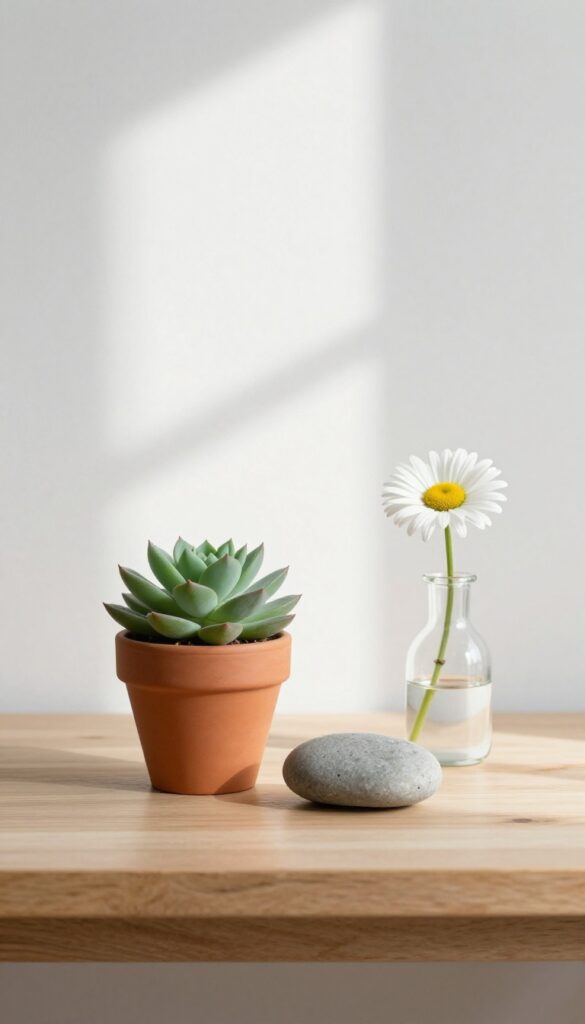 Small succulent and smooth stone on a wooden desk by a window