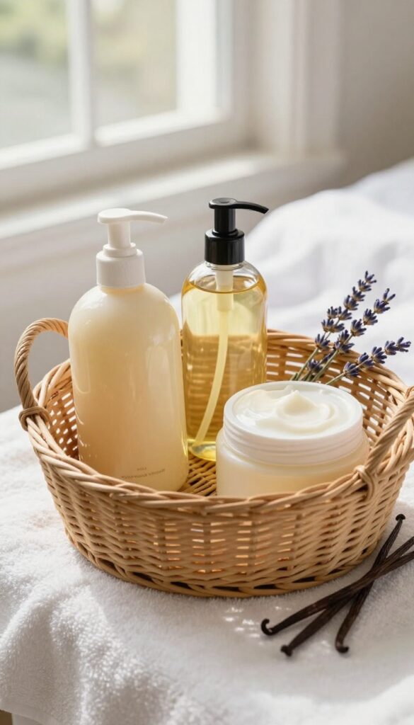 A wicker basket filled with a coordinated set of vanilla-scented body wash, body oil, and lotion on a white towel, with vanilla beans and lavender accents.