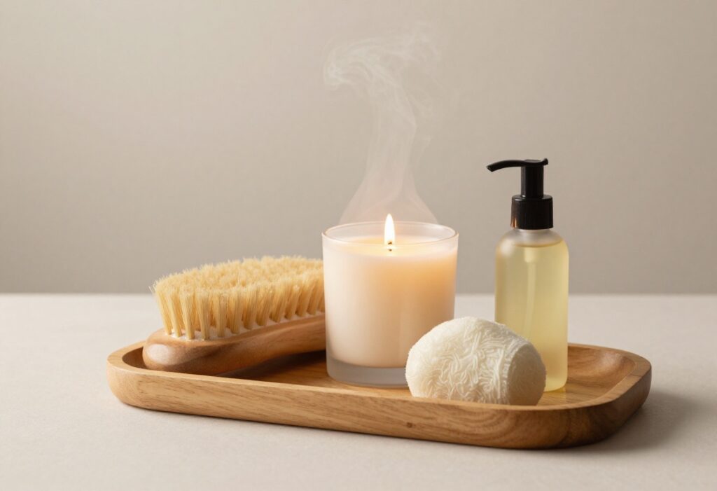 Cozy bathroom setup with candles and self-care products for an everything shower routine
