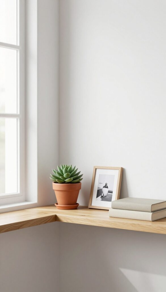 Minimal decor with intentional objects: succulent, framed photo, and books on a shelf with breathing room.
