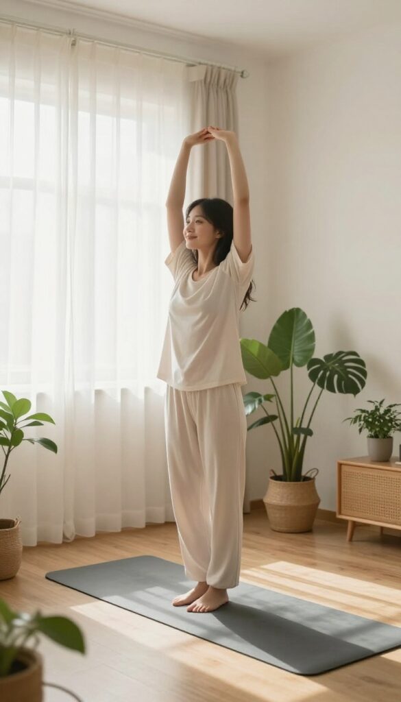 Woman doing morning stretching in bright bedroom with natural light