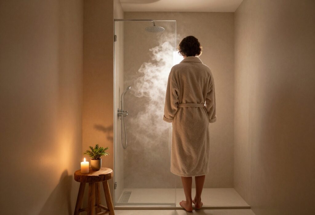 Peaceful night shower setup with dim lighting and a candle