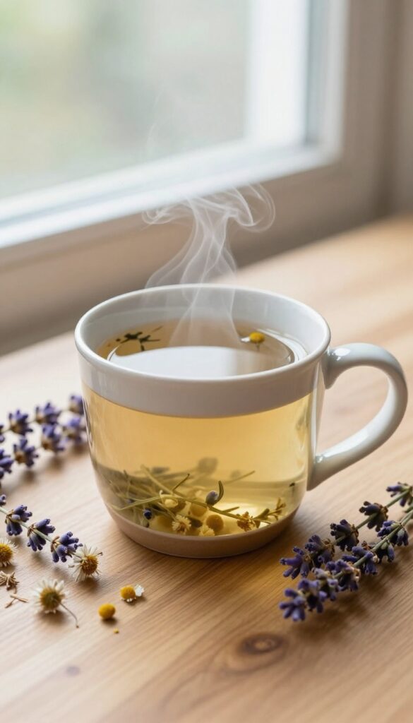 A warm mug of herbal tea with chamomile and lavender on a wooden table