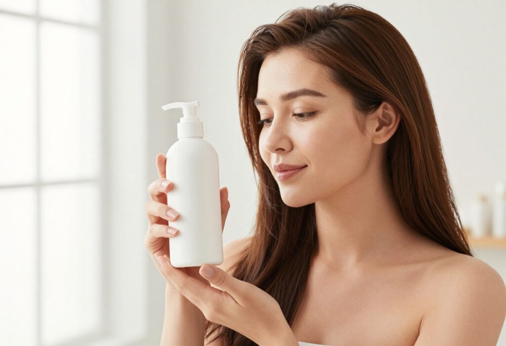 Woman with shiny hair holding shampoo bottle in bright bathroom