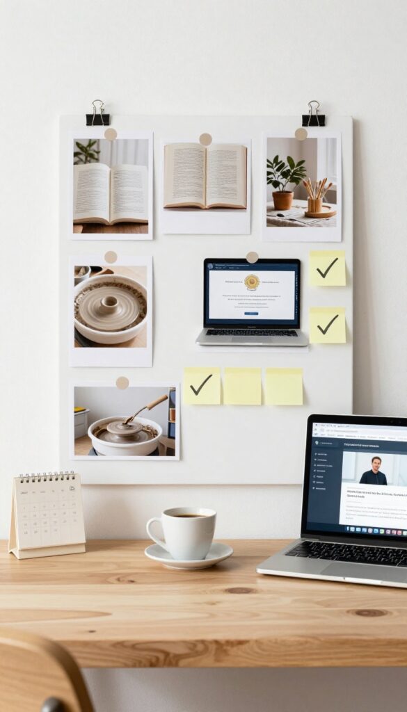 Learning goals board with images of books, online courses, pottery, diploma, and sticky notes on a desk