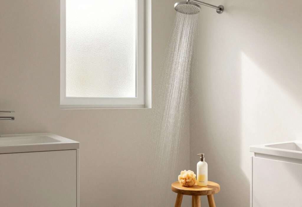 Modern shower with rainfall showerhead, wooden stool, loofah, and body wash in a bright bathroom