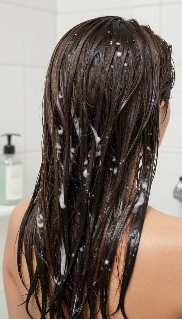 Woman applying conditioner to mid-lengths and ends of wet hair in a bright shower
