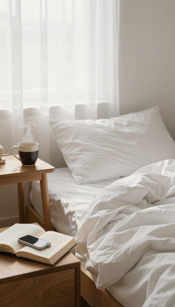 A peaceful bedroom with a cup of coffee and an open book, phone hidden in a drawer, symbolizing a digital detox morning.