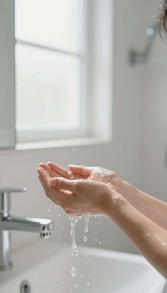 Person rinsing face at the end of a shower, removing any leftover hair product residue.