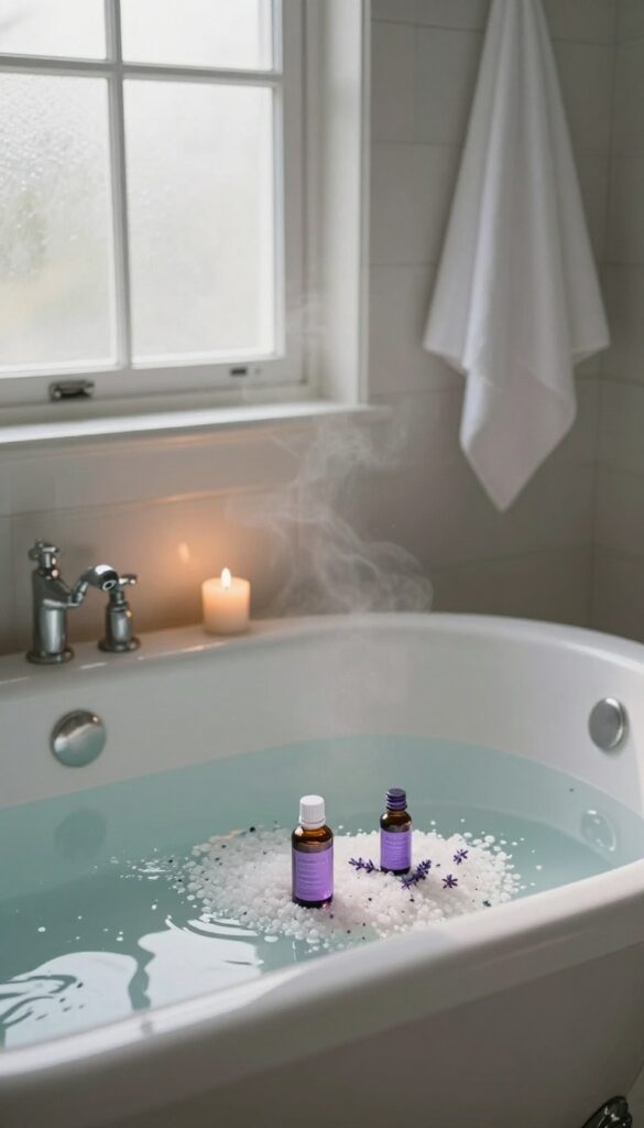Warm bath with Epsom salts and lavender oil, candles, soft lighting, serene bathroom